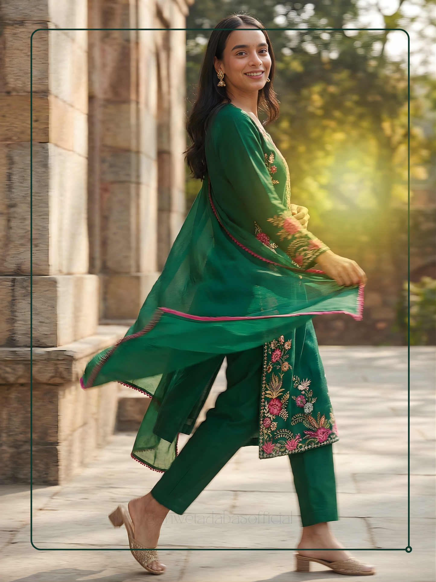 bottle green kurta set with parsi work