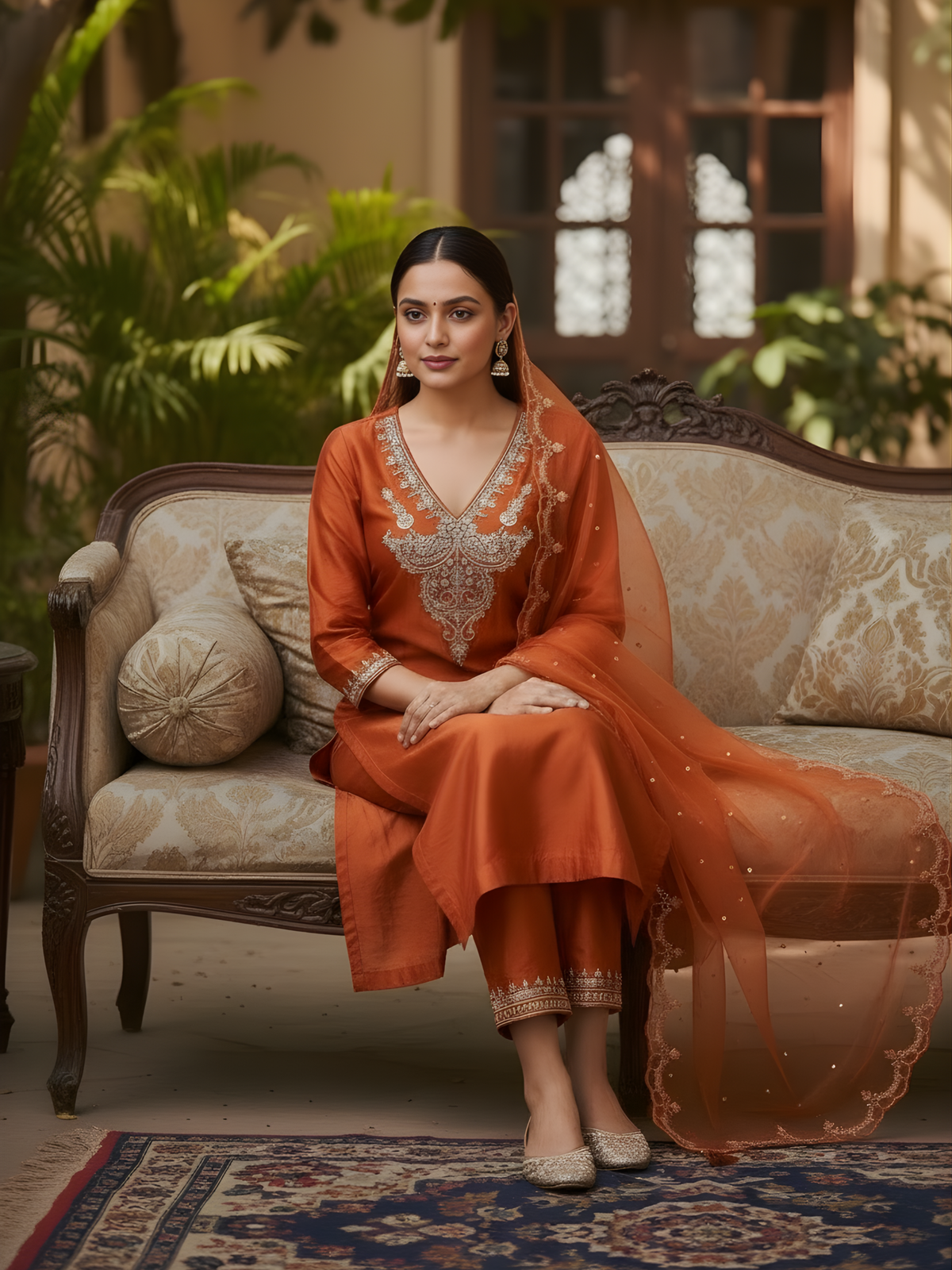 Rust orange Chanderi silk kurta set