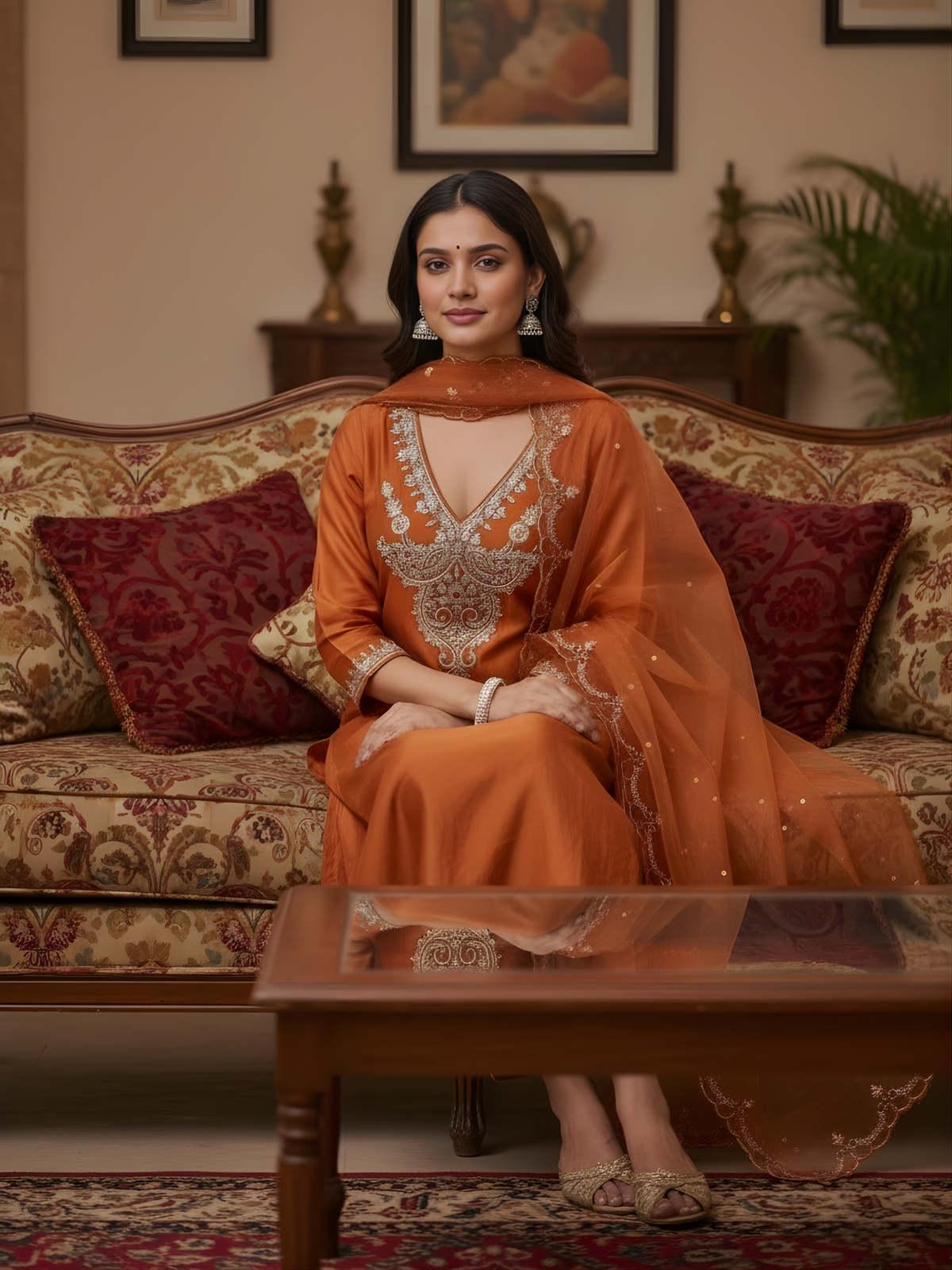 Rust orange Chanderi silk kurta set