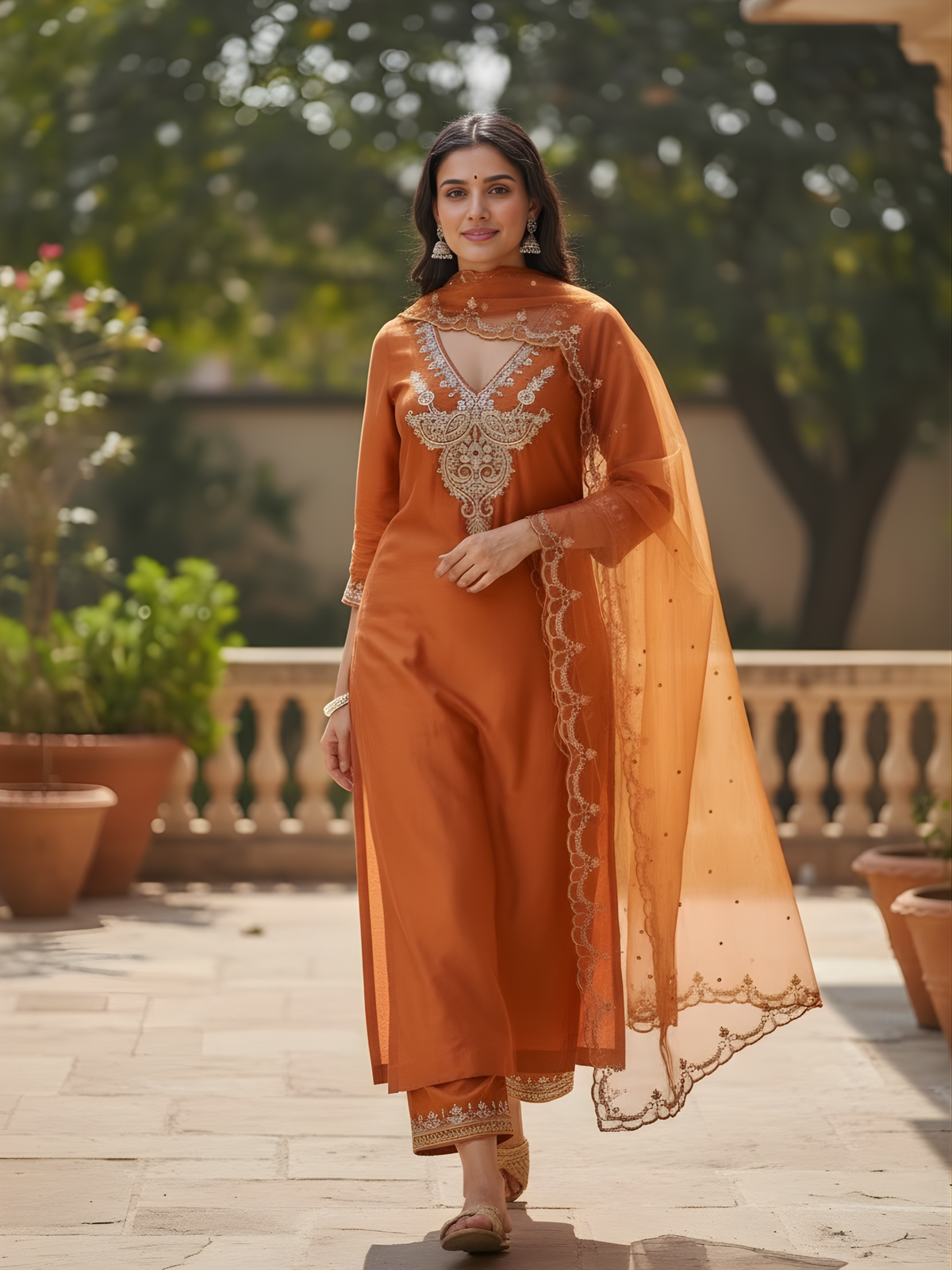 Rust orange Chanderi silk kurta set