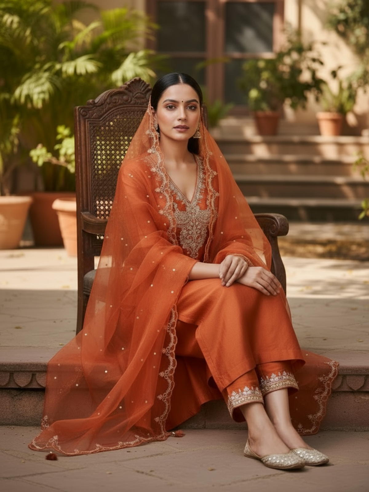 Rust orange Chanderi silk kurta set