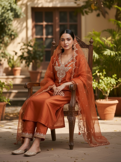 Rust orange Chanderi silk kurta set