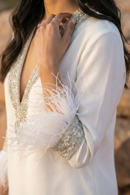 Ivory Crepe Kurta Set with Crystal & Feather Detailing
