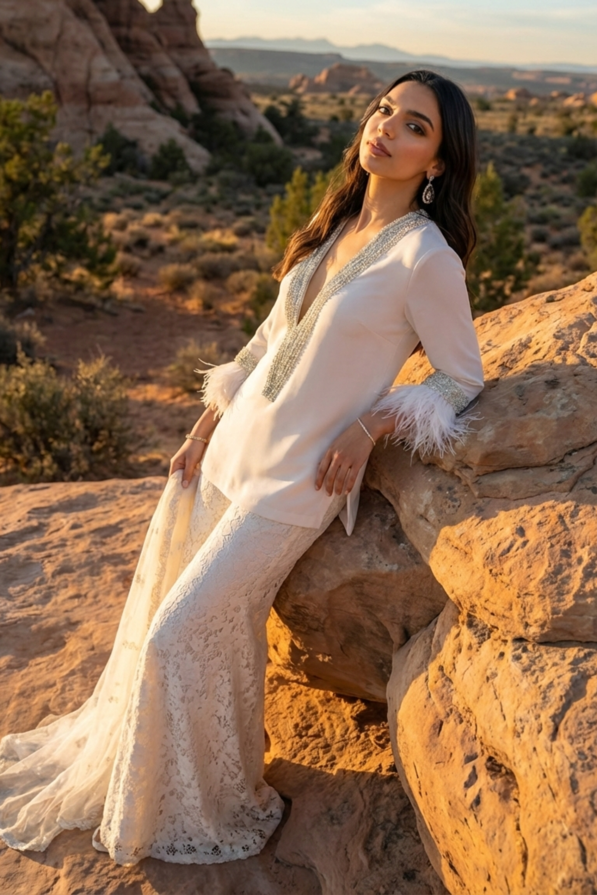 Ivory Crepe Kurta Set with Crystal & Feather Detailing