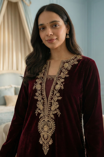 maroon silk velvet kurta