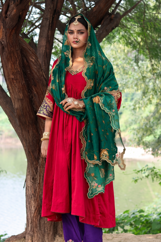 Elegance Redefined Silk Gathered Anarkali With Zari Tissue Dupatta