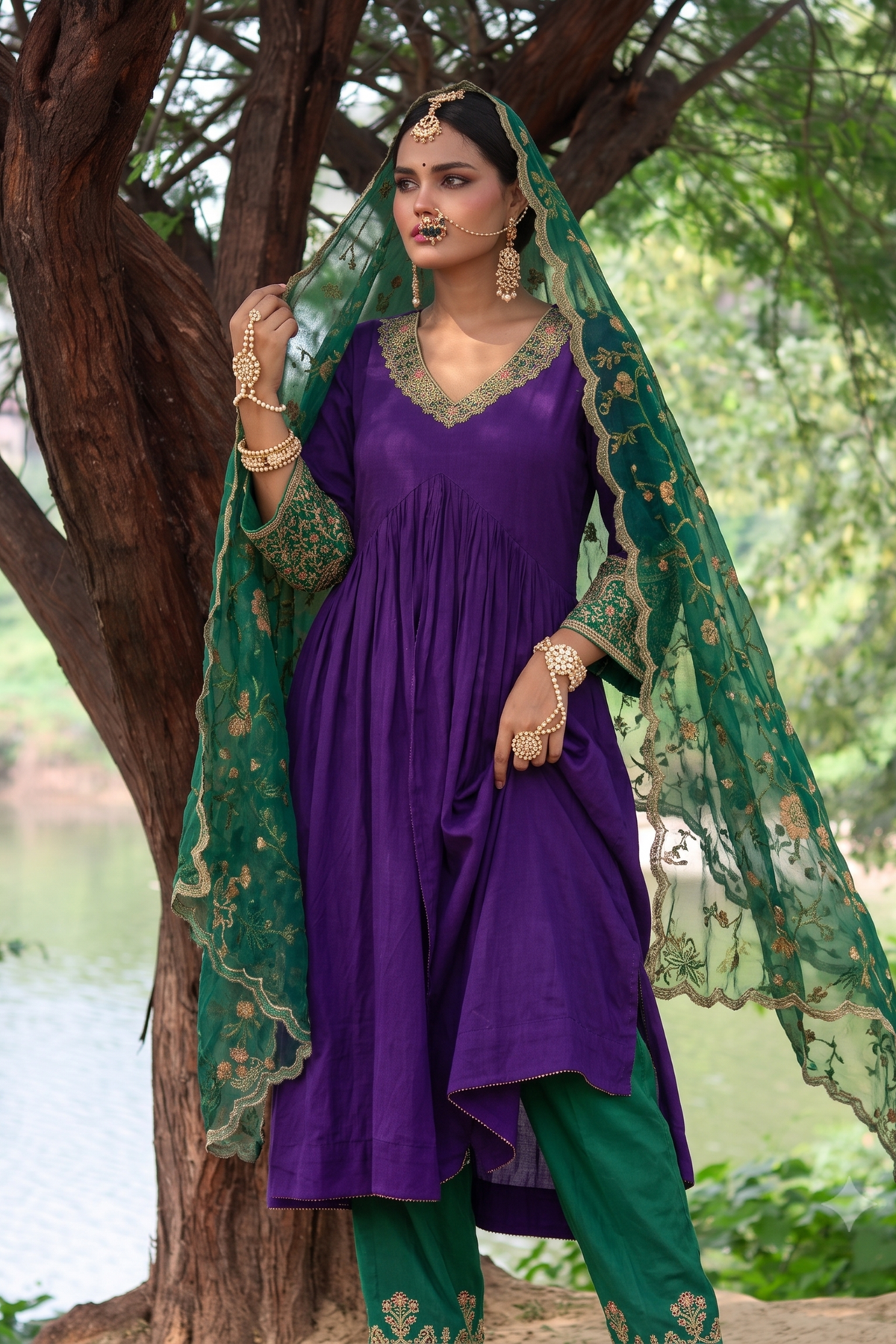 Elegance Redefined Silk Gathered Purple Anarkali With Zari Tissue Dupatta