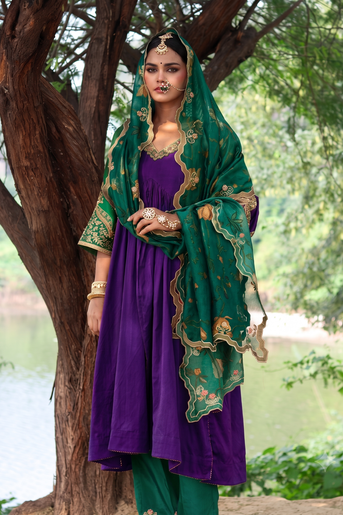 Elegance Redefined Silk Gathered Purple Anarkali With Zari Tissue Dupatta