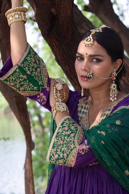 Elegance Redefined Silk Gathered Purple Anarkali With Zari Tissue Dupatta