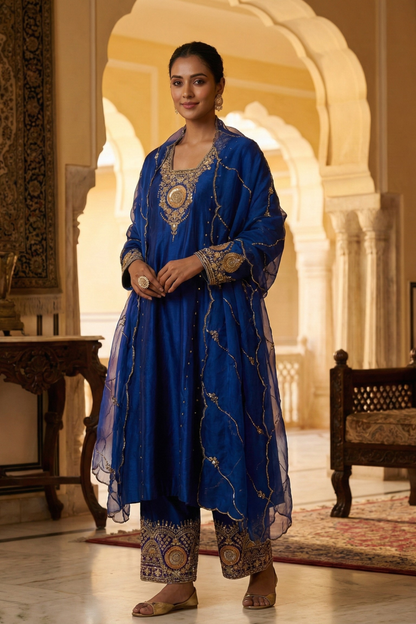 Royal Blue Straight Kurta with Authentic Dabka Work