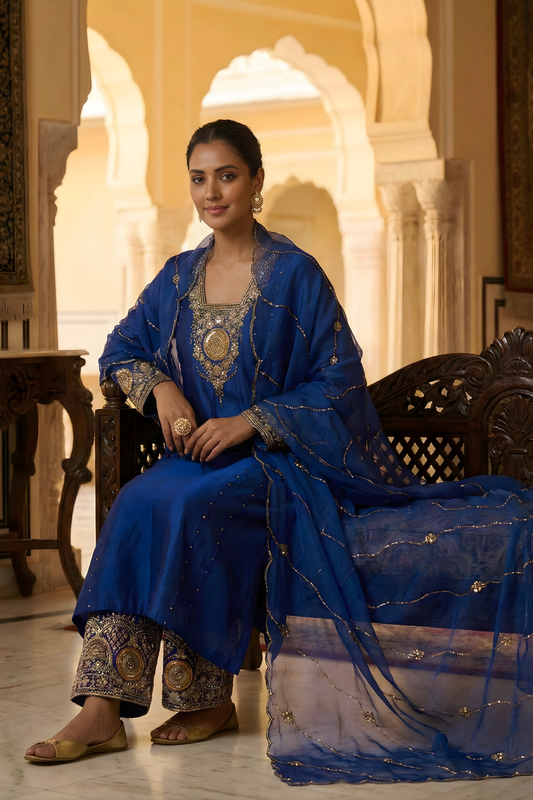 Royal Blue Straight Kurta with Authentic Dabka Work