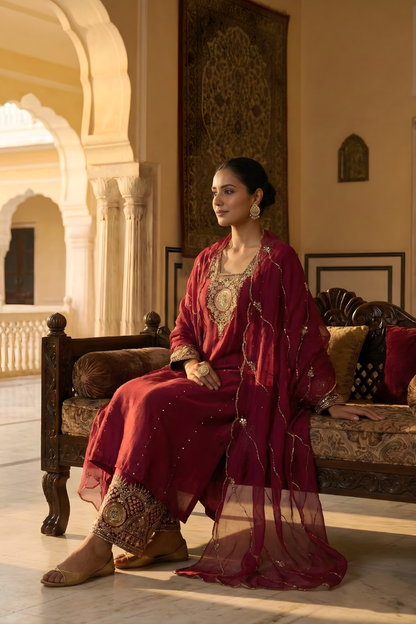 Royal Maroon Straight Kurta Set with Dabka, Sequin & Cutdana Work