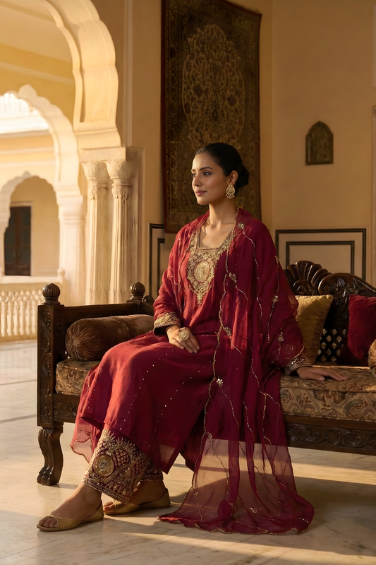 Royal Maroon Straight Kurta Set with Dabka, Sequin & Cutdana Work