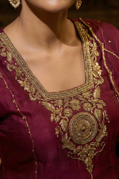 Royal Maroon Straight Kurta Set with Dabka, Sequin & Cutdana Work