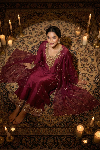 Royal Maroon Straight Kurta Set with Dabka, Sequin & Cutdana Work