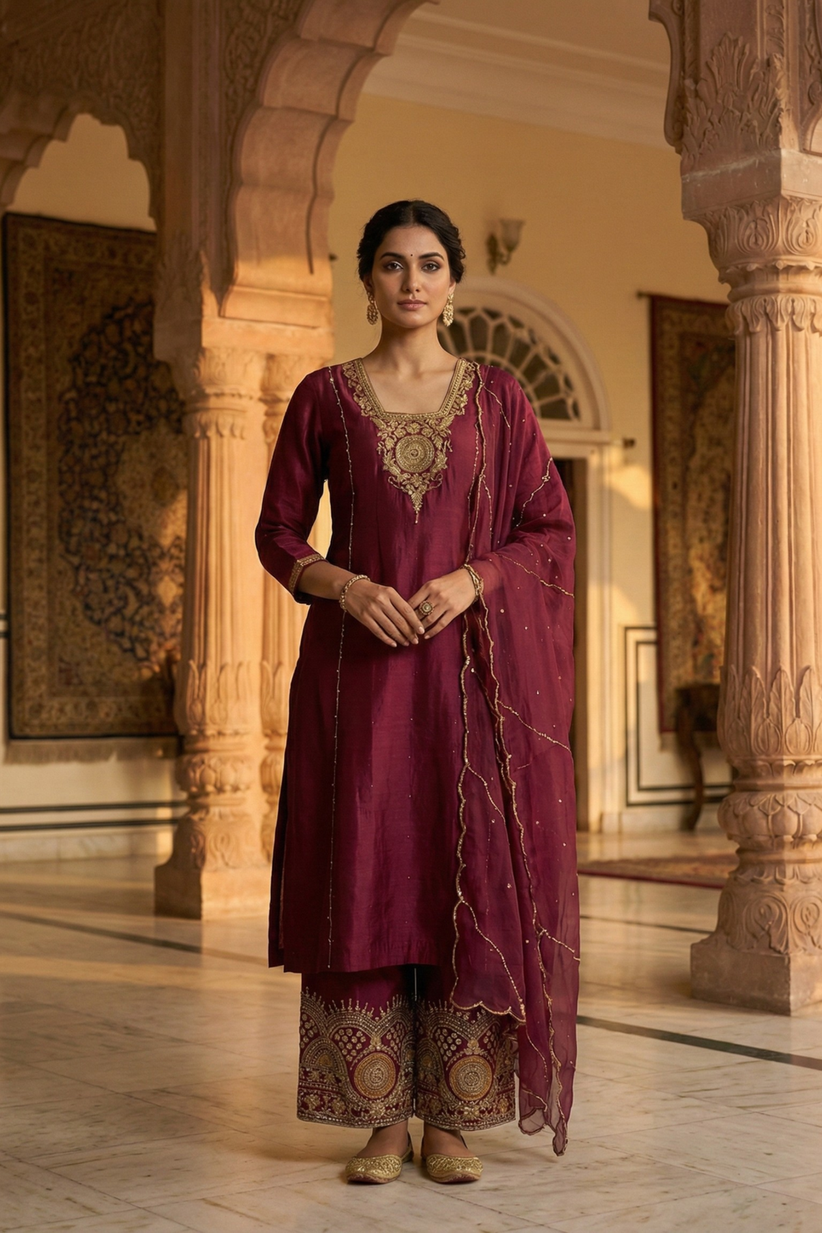 Royal Maroon Straight Kurta Set with Dabka, Sequin & Cutdana Work