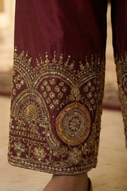 Royal Maroon Straight Kurta Set with Dabka, Sequin & Cutdana Work