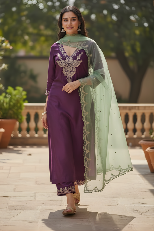 Purple Chanderi silk kurta set