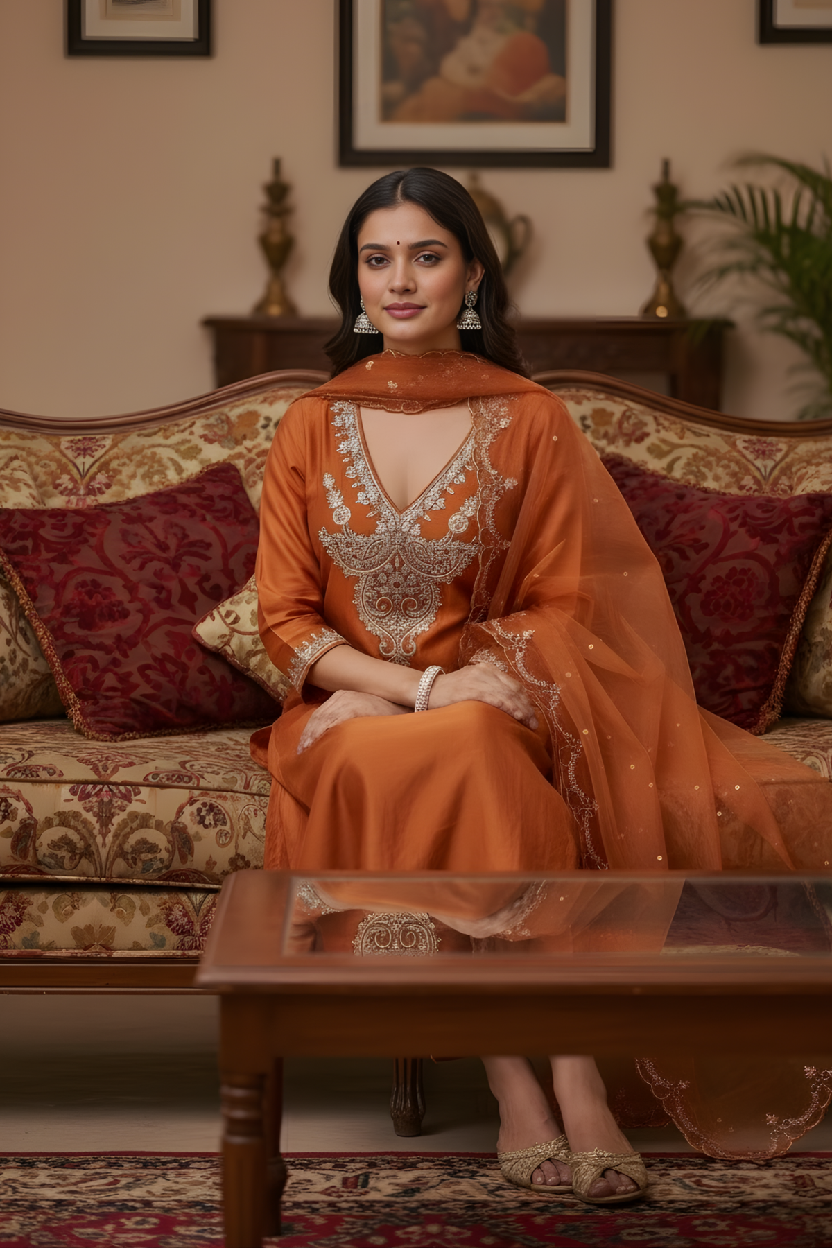 Rust orange Chanderi silk kurta set