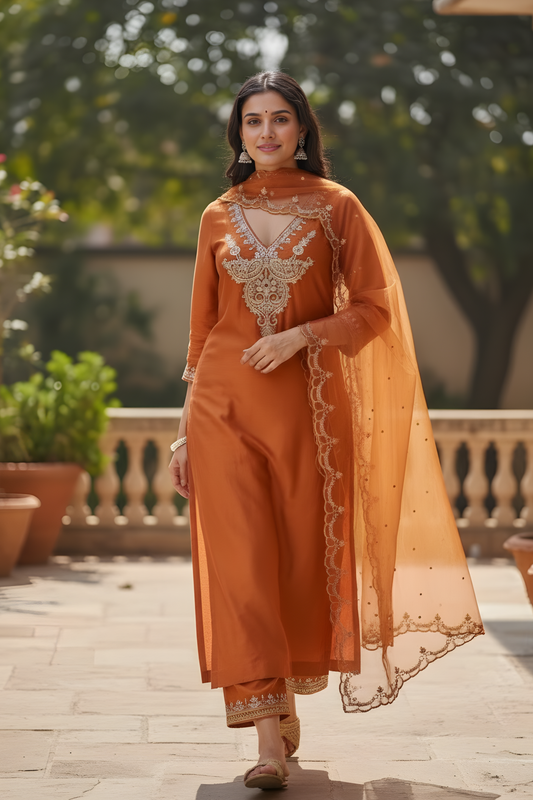 Rust orange Chanderi silk kurta set