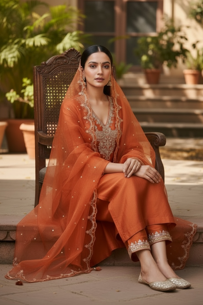 Rust orange Chanderi silk kurta set