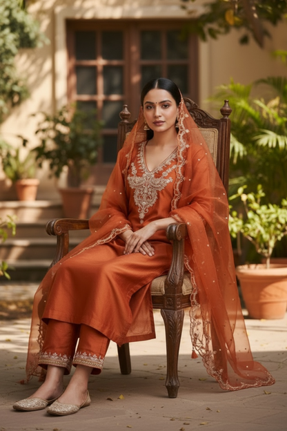 Rust orange Chanderi silk kurta set