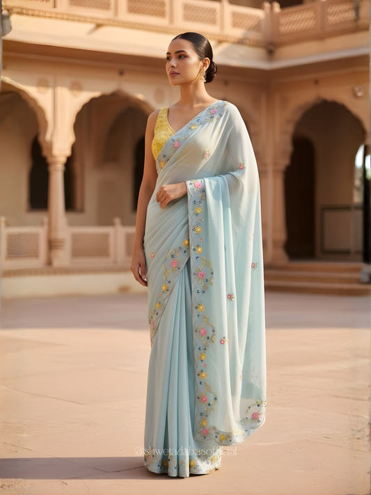 Sky blue pure chiffon saree