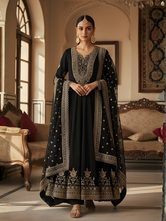 Black Pure Silk Anarkali with Dori & Zardozi Hand Embroidery
