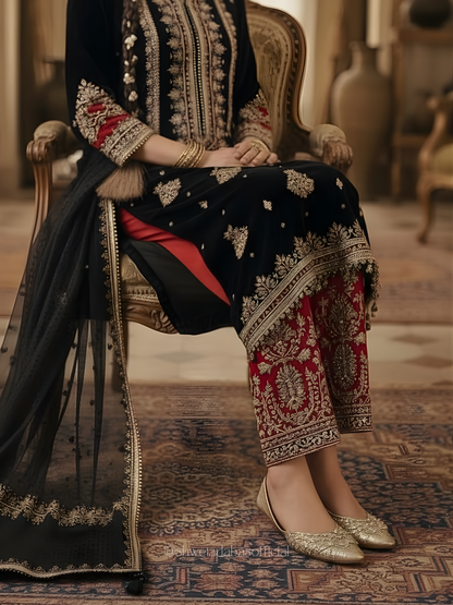 Black Pure Silk Kurta Set with Dabka & Zardozi Handwork and Maroon Embroidered Pants