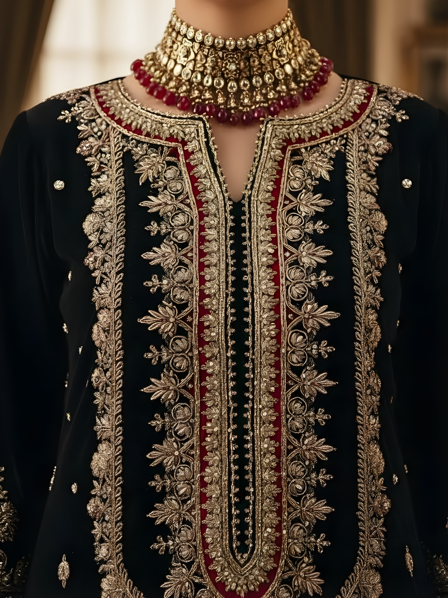 Black Pure Silk Kurta Set with Dabka & Zardozi Handwork and Maroon Embroidered Pants