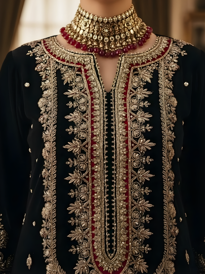 Black Pure Silk Kurta Set with Dabka & Zardozi Handwork and Maroon Embroidered Pants