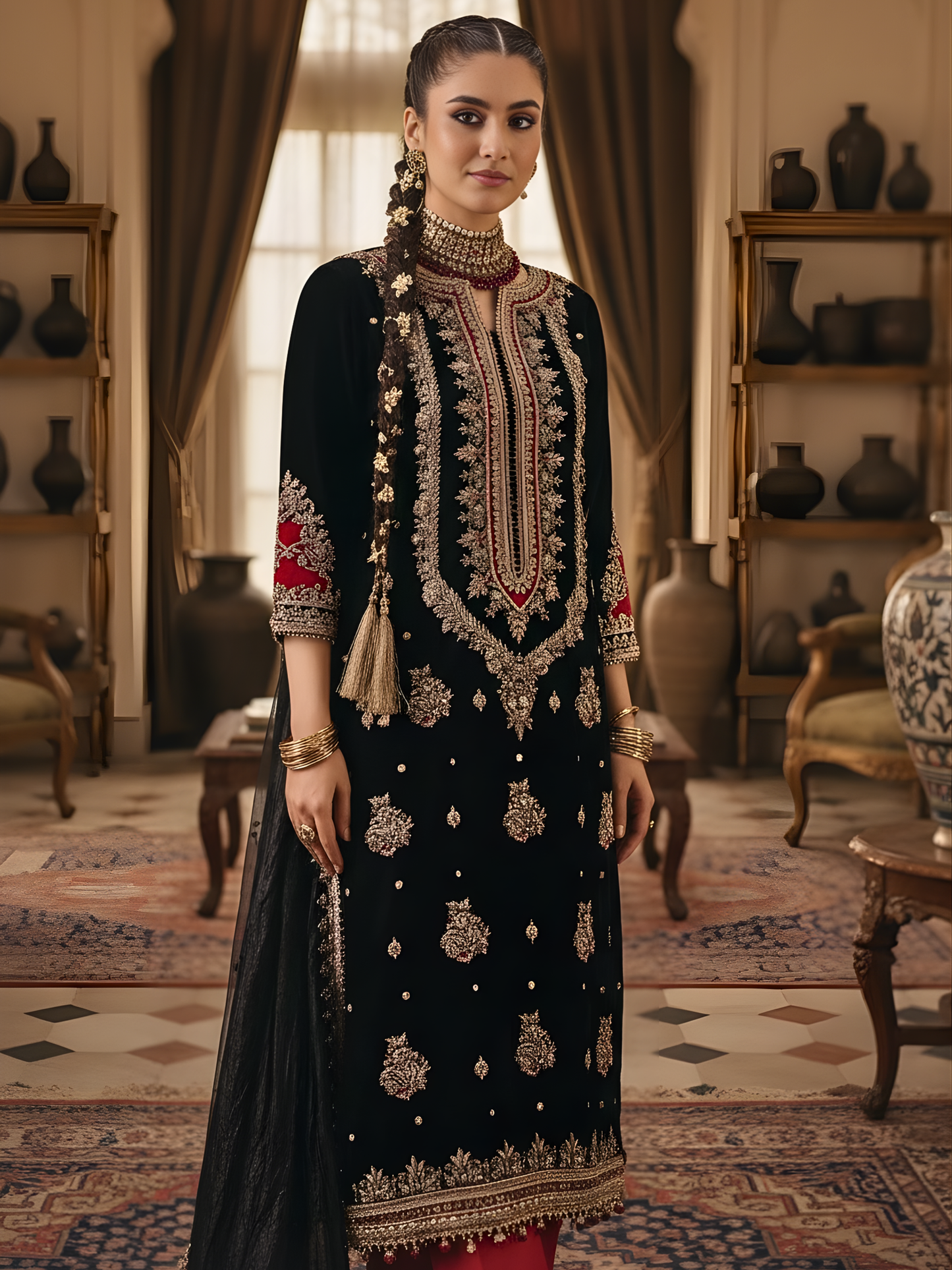 Black Pure Silk Kurta Set with Dabka & Zardozi Handwork and Maroon Embroidered Pants