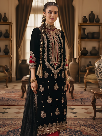 Black Pure Silk Kurta Set with Dabka & Zardozi Handwork and Maroon Embroidered Pants