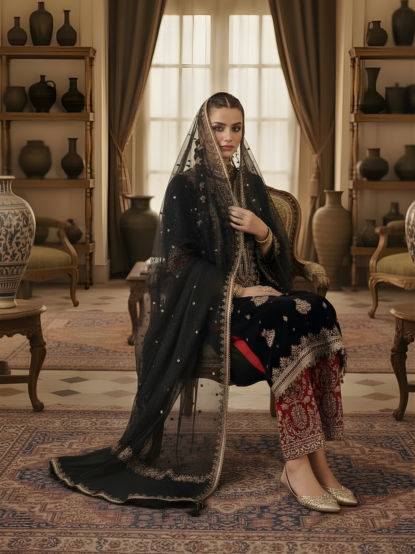 Black Pure Silk Kurta Set with Dabka & Zardozi Handwork and Maroon Embroidered Pants