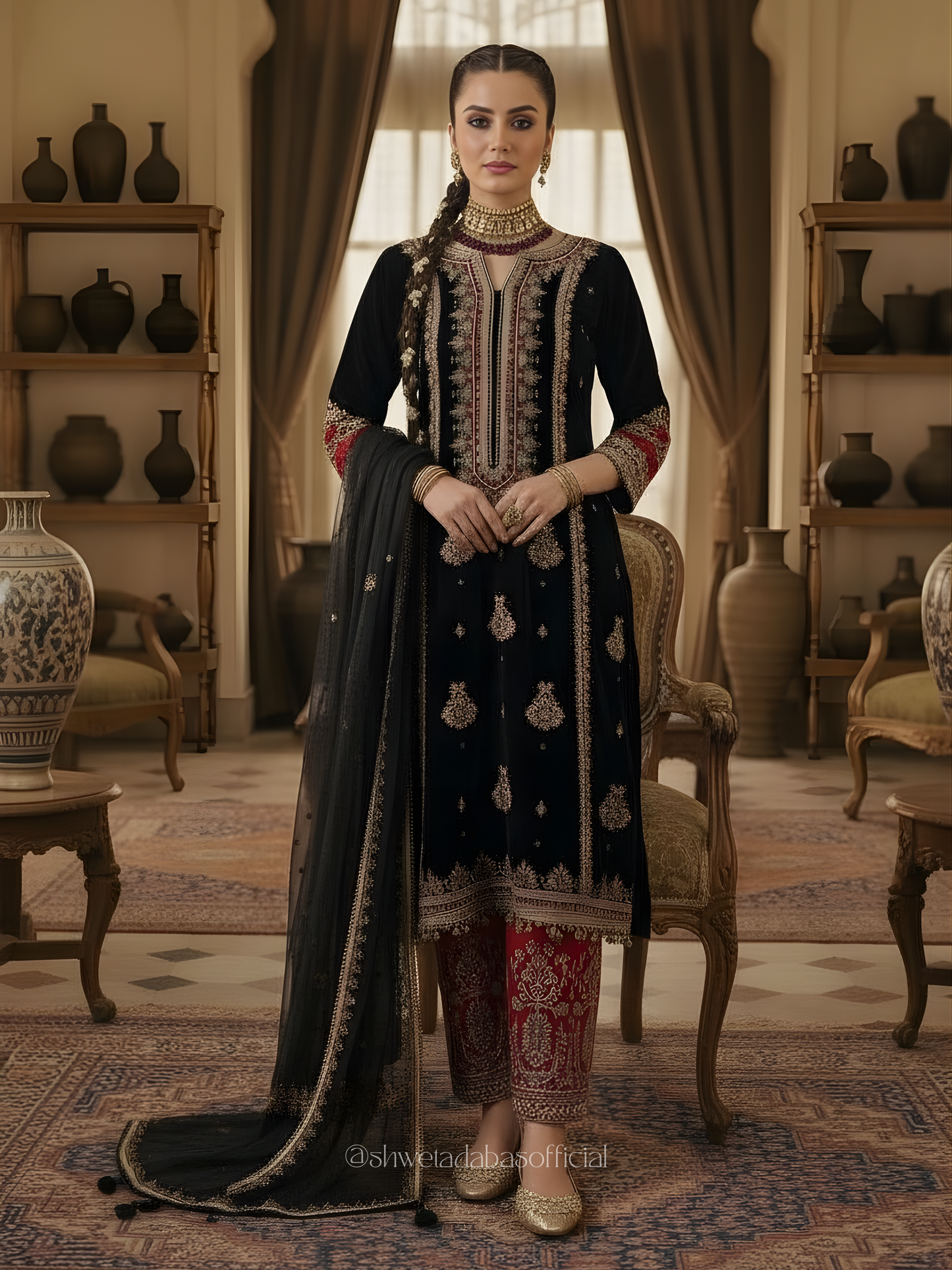 Black Pure Silk Kurta Set with Dabka & Zardozi Handwork and Maroon Embroidered Pants