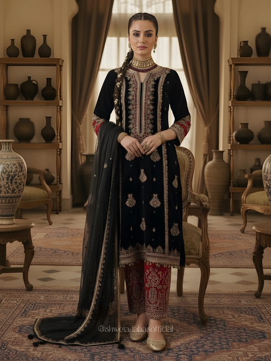 Black Pure Silk Kurta Set with Dabka & Zardozi Handwork and Maroon Embroidered Pants