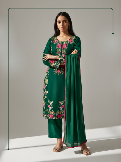bottle green kurta set with parsi work