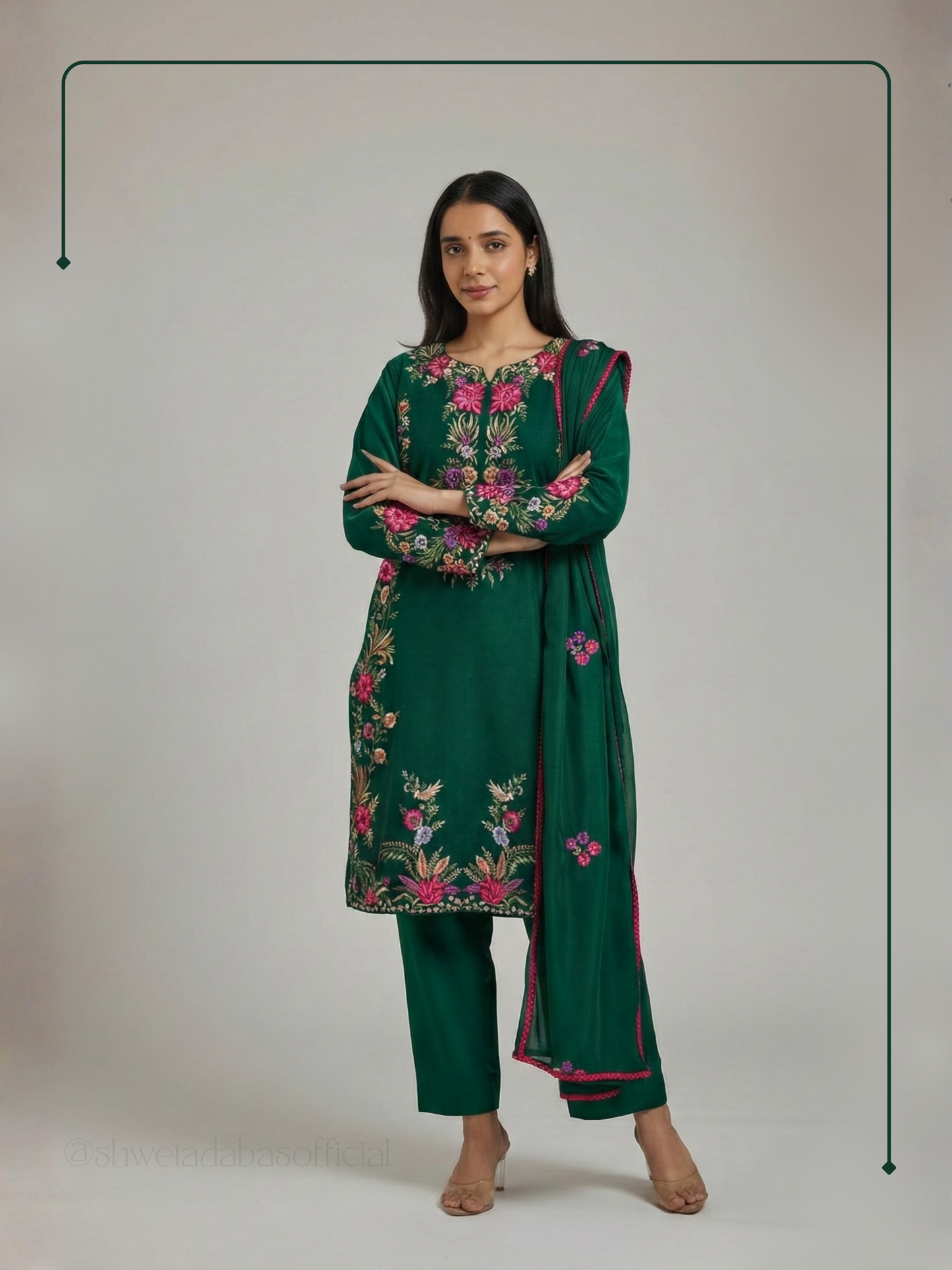 bottle green kurta set with parsi work