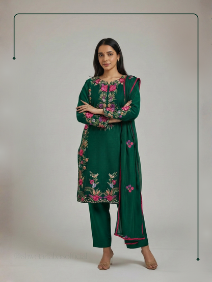 bottle green kurta set with parsi work