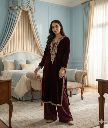 maroon silk velvet kurta