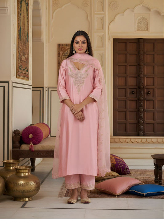 Chanderi silk kurta set with silk organza dupatta