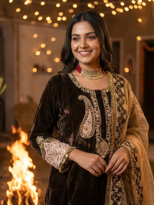Brown velvet kurta set with tissue dupatta