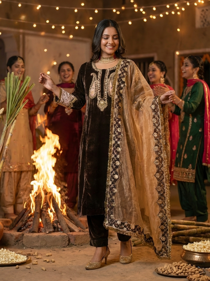 Brown velvet kurta set with tissue dupatta