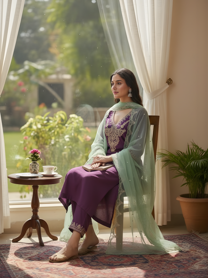 Purple Chanderi silk kurta set